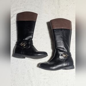 Michael Kors Kids Black Leather Mid-Calf Boots | Size 1 | Gold Logo | Zipper